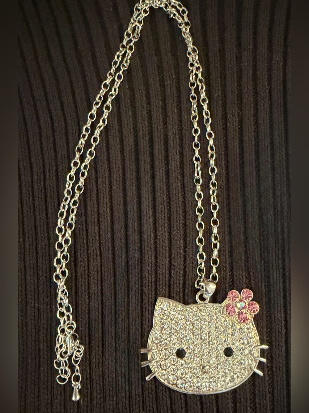 Hello Kitty Silver Crystal Pendant with Pink Flower Accent